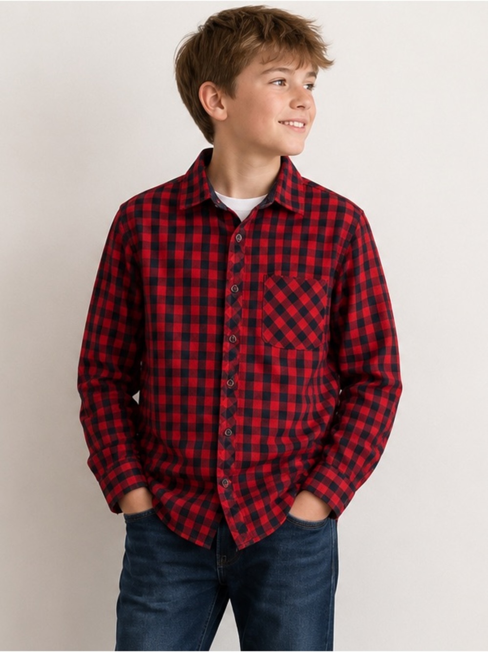 London Prodigy Boys Buffalo Plaid Button-Up Shirt Size 14 Red Black Flannel
